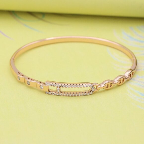 Elegant Rose Gold Bangle with Crystal-Studded Elongated Frame, XPBL0452 - Picture 5 of 12